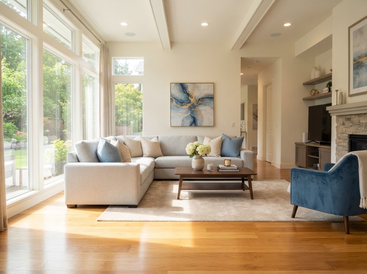 A bright, tidy living room with comfortable seating